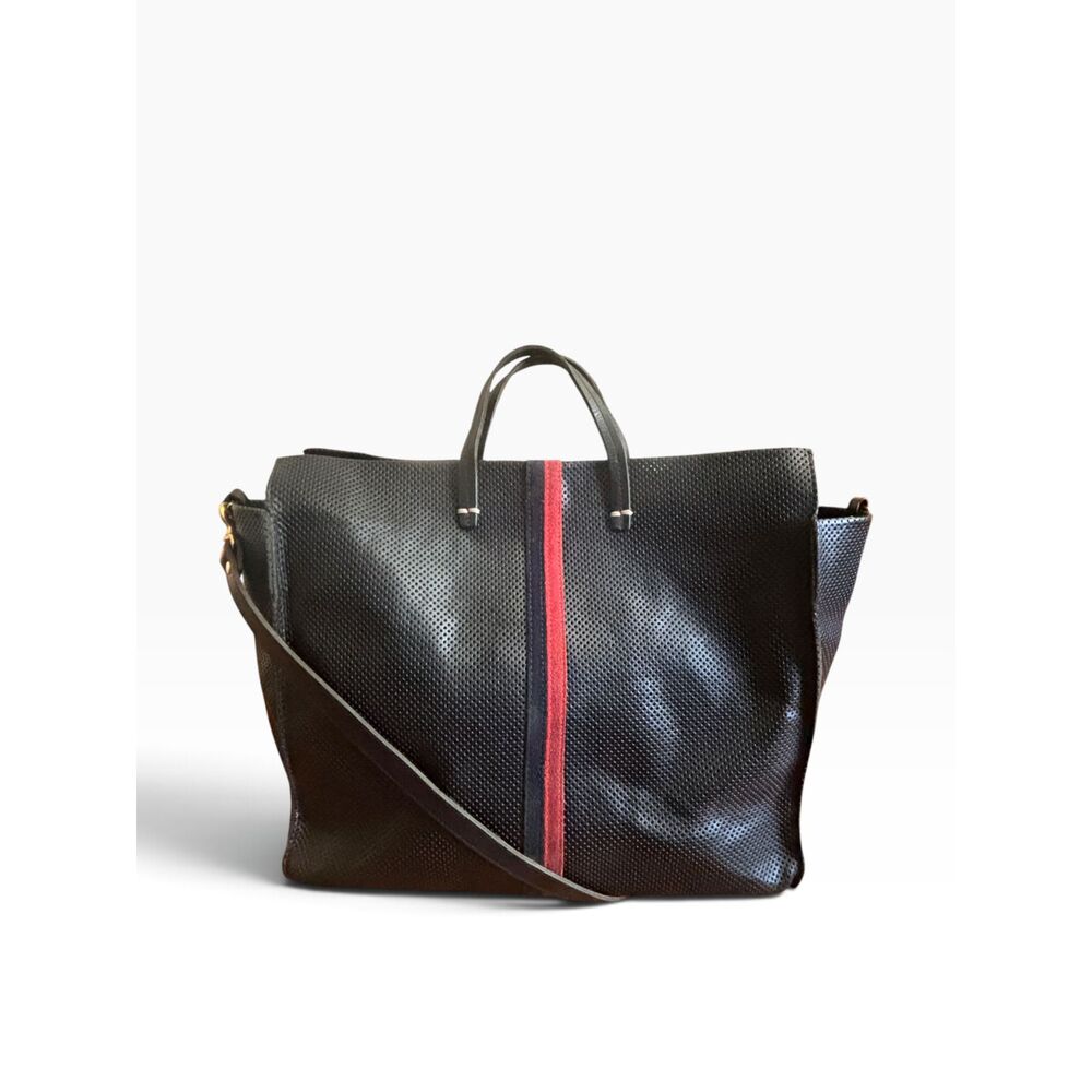 Clare V. Simple Tote Black Perforated Leather Navy Red Racing Stripe Bag